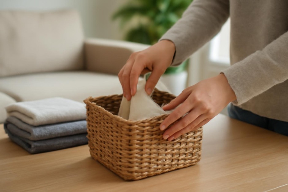 Hands placing a few items into a small basket during a quick tidy