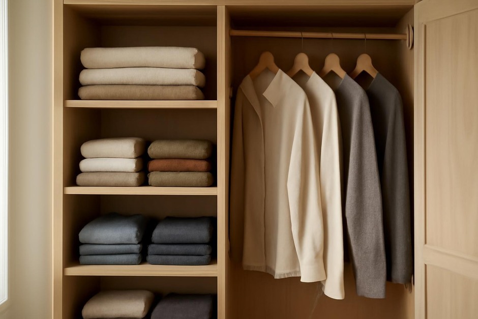 An open wardrobe with neatly folded clothes and hanging garments