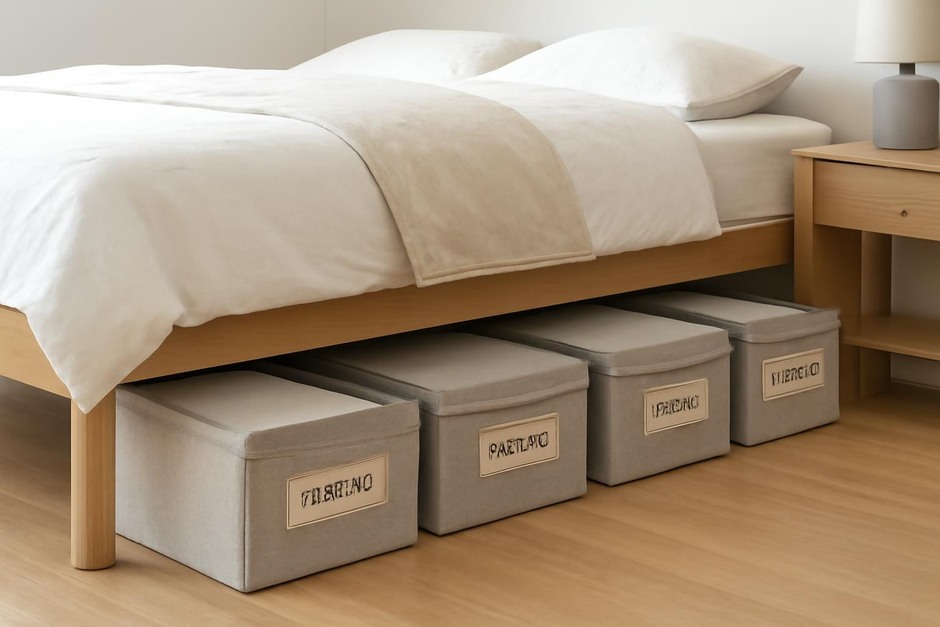 Low bed with labeled fabric storage boxes neatly arranged under it